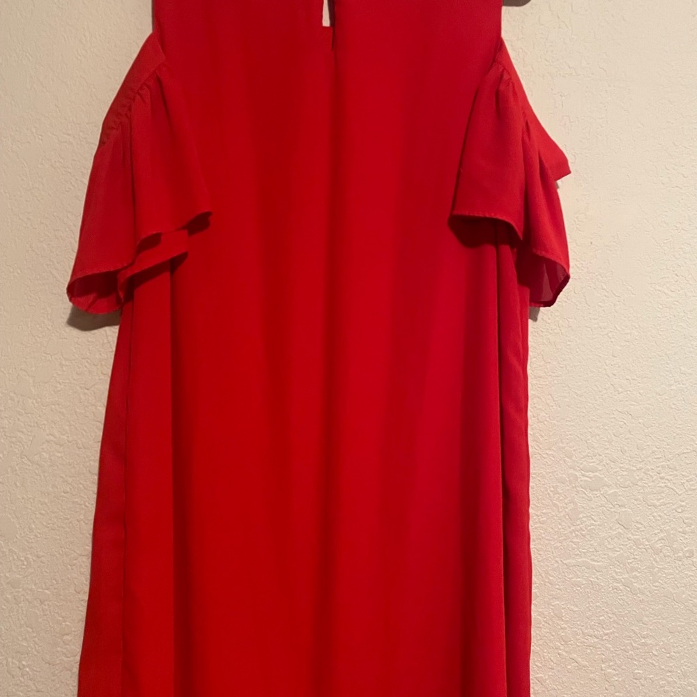 Red Dress with Drop Shoulder Ruffle Sleeves - Picture 4 of 4